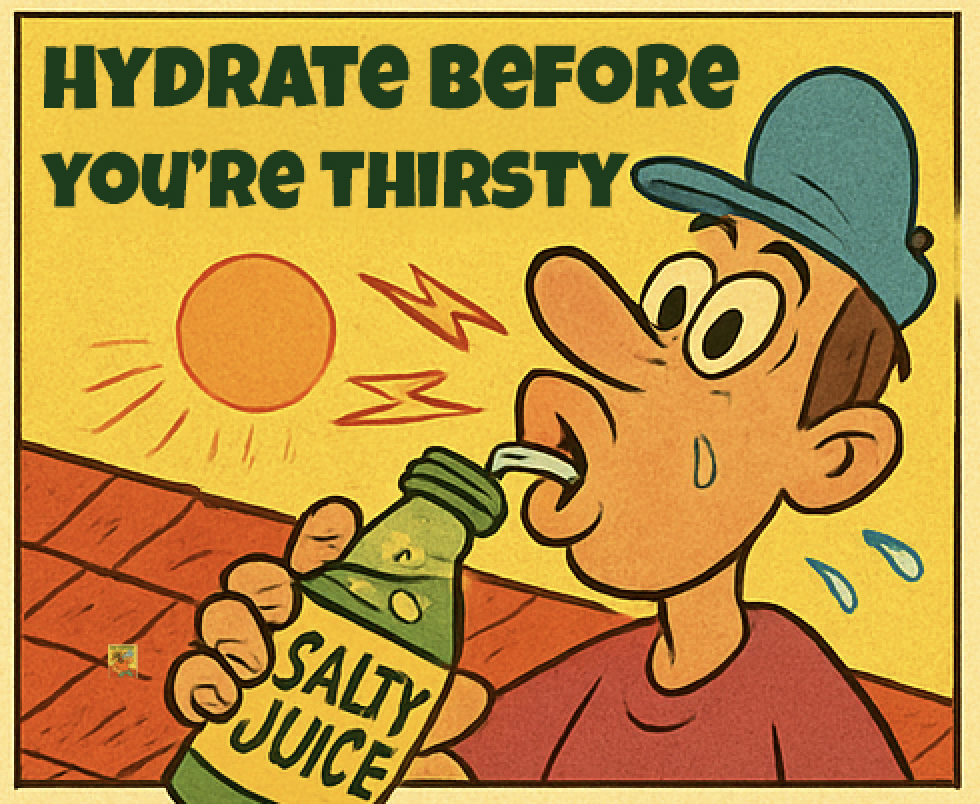 Roofer drinking salty electrolyte juice on a hot Florida roof, emphasizing the importance of hydrating before feeling thirsty. Salvo & Sons Roofing.